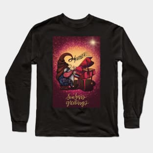 Cute Christmas greeting card with hippie gnome playing music on the piano Long Sleeve T-Shirt